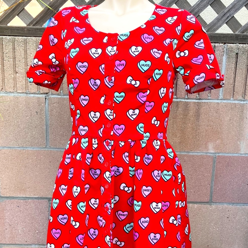 Hello KITTY for ModCloth "Sweethearts" Red Heart Printed Valentine Dress Size S